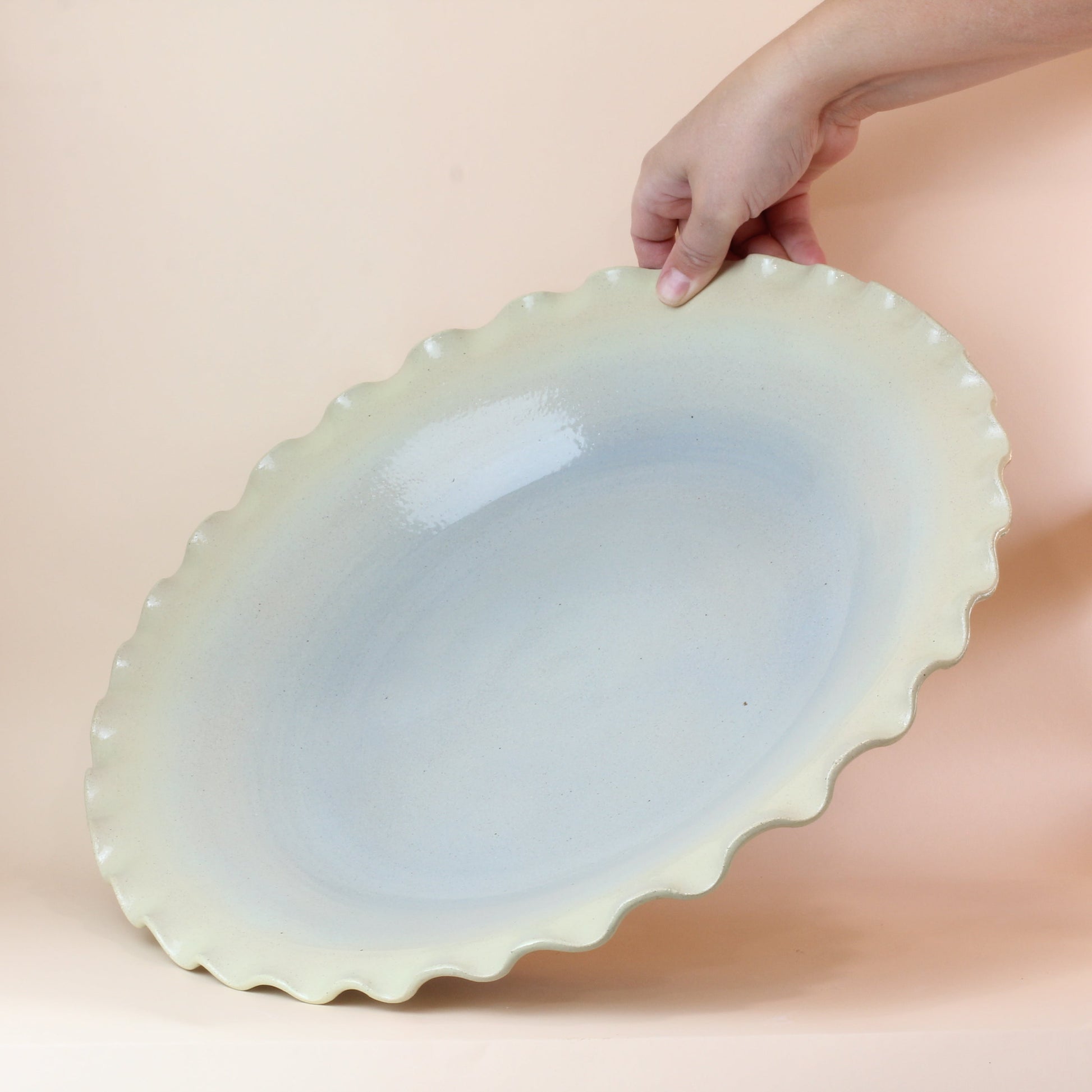 Light blue ceramic plate held by a hand against a neutral background